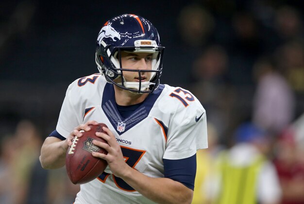 Nov 13, 2016; New Orleans, LA, USA; Denver Broncos quarterback Trevor Siemian (13) warms up before the game against the New Orleans Saints at the Mercedes-Benz Superdome. Mandatory Credit: Chuck Cook-USA TODAY Sports