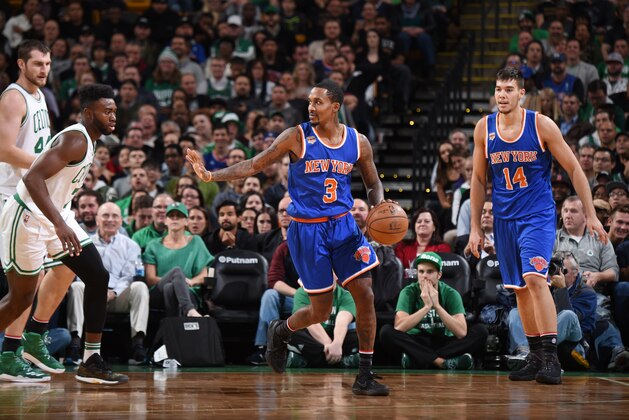 BOSTON, MA - NOVEMBER 11:  Brandon Jennings #3 of the New York Knicks brings the ball up court against the Boston Celtics on November 11, 2016 at the TD Garden in Boston, Massachusetts.  NOTE TO USER: User expressly acknowledges and agrees that, by downloading and or using this photograph, User is consenting to the terms and conditions of the Getty Images License Agreement. Mandatory Copyright Notice: Copyright 2016 NBAE  (Photo by Brian Babineau/NBAE via Getty Images)