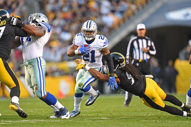 PITTSBURGH, PA - NOVEMBER 13:  Ezekiel Elliott #21 of the Dallas Cowboys rushes against Jarvis Jones #95 of the Pittsburgh Steelers in the first quarter during the game at Heinz Field on November 13, 2016 in Pittsburgh, Pennsylvania. (Photo by Joe Sargent/Getty Images)