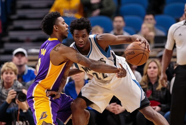 Nov 13, 2016; Minneapolis, MN, USA; Minnesota Timberwolves guard Andrew Wiggins (22) dribbles in the first quarter against the Los Angeles Lakers guard Nick Young (0) at Target Center. Mandatory Credit: Brad Rempel-USA TODAY Sports