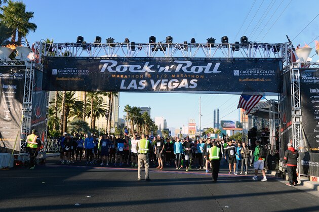 LAS VEGAS, NV - NOVEMBER 16:  Rock 'n' Roll Las Vegas Half Marathon in Las Vegas on Sunday, November 16th  benefitting the Crohns & Colitis Foundation of America. As part of the Rock 'n' Roll Running Weekend, more than 43k runners rocked the strip at night on Saturday for the inaugural 5k and on Sunday for the half marathon and marathon. Runners were treated to musical performances by Chromeo at the 5k finish line and Macklemore & Ryan Lewis at the marathon & half marathon start line festival.  (Photo by Bryan Steffy/Getty Images for Rock 'n' Roll Las Vegas Marathon)