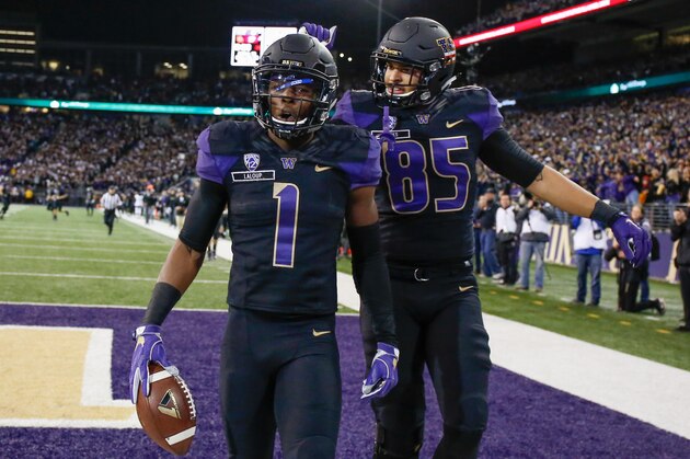 SEATTLE, WA - NOVEMBER 12:  Wide receiver John Ross #1 of the Washington Huskies is congratulated by tight end David Ajamu #85 after scoring a touchdown against the USC Trojans on November 12, 2016 at Husky Stadium in Seattle, Washington. The Trojans defeated the Huskies 24-13.  (Photo by Otto Greule Jr/Getty Images)