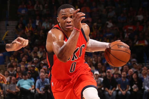 OKLAHOMA CITY, OK - NOVEMBER 13:  Russell Westbrook #0 of the Oklahoma City Thunder drives to the basket during a game against the Orlando Magic on November 13, 2016 at Chesapeake Energy Arena in Oklahoma City, Oklahoma. NOTE TO USER: User expressly acknowledges and agrees that, by downloading and or using this photograph, user is consenting to the terms and conditions of the Getty Images License Agreement. Mandatory Copyright Notice: Copyright 2016 NBAE (Photo by Layne Murdoch/NBAE via Getty Images)