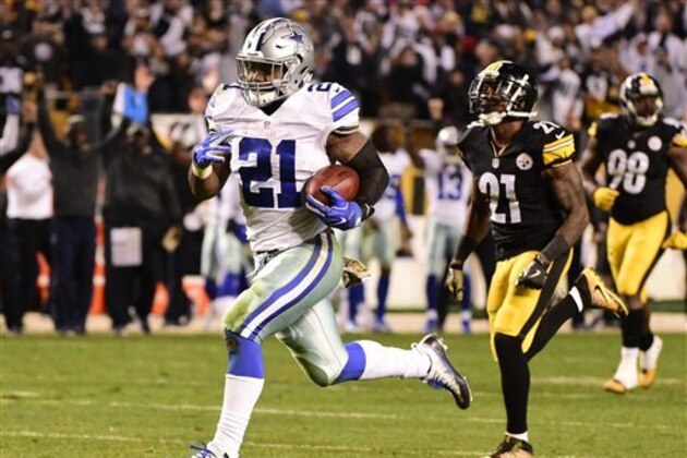 Ezekiel Elliott, corredor de los Cowboys de Dallas, se escapa a la zona de anotación frente a Robert Golden, strong safety de los Steelers de Pittsburgh, en las postrimerías del encuentro del domingo 13 de noviembre de 2016 (AP Foto/Fred Vuich) Ezekiel Elliott, corredor de los Cowboys de Dallas, se escapa a la zona de anotación frente a Robert Golden, strong safety de los Steelers de Pittsburgh, en las postrimerías del encuentro del domingo 13 de noviembre de 2016 (AP Foto/Fred Vuich)