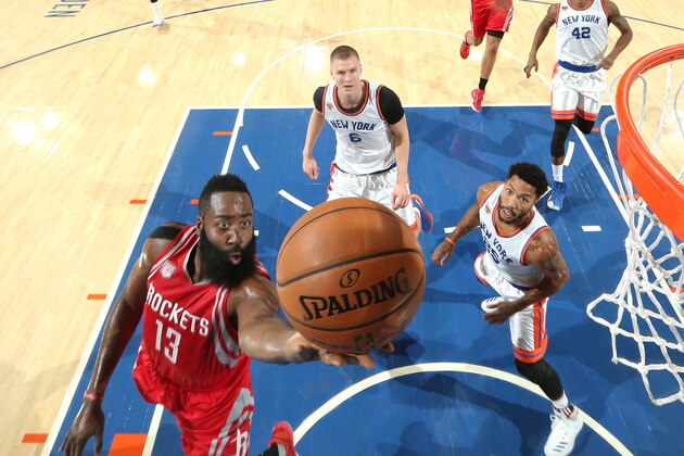 NEW YORK, NY - NOVEMBER 2:  James Harden #13 of the Houston Rockets shoots the ball against the New York Knicks on November 2, 2016 at Madison Square Garden in New York City, New York.  NOTE TO USER: User expressly acknowledges and agrees that, by downloading and or using this photograph, User is consenting to the terms and conditions of the Getty Images License Agreement. Mandatory Copyright Notice: Copyright 2016 NBAE  (Photo by Nathaniel S. Butler/NBAE via Getty Images)