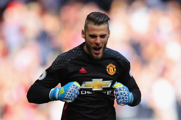 MANCHESTER, ENGLAND - OCTOBER 02: David De Gea of Manchester United celebrates his side scoring during the Premier League match between Manchester United and Stoke City at Old Trafford on October 2, 2016 in Manchester, England.  (Photo by Richard Heathcote/Getty Images)
