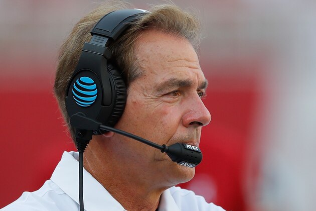 TUSCALOOSA, AL - SEPTEMBER 10: Head coach Nick Saban of the Alabama Crimson Tide looks on from the sidelines during the game against the Western Kentucky Hilltoppers at Bryant-Denny Stadium on September 10, 2016 in Tuscaloosa, Alabama. (Photo by Kevin C. Cox/Getty Images) TUSCALOOSA, AL - SEPTEMBER 10: Head coach Nick Saban of the Alabama Crimson Tide looks on from the sidelines during the game against the Western Kentucky Hilltoppers at Bryant-Denny Stadium on September 10, 2016 in Tuscaloosa, Alabama. (Photo by Kevin C. Cox/Getty Images)