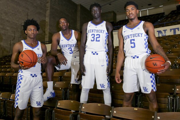 Sep 15, 2016; Lexington, KY, USA; Kentucky Wildcats guard De   Aaron Fox (0) forward Bam Adebayo (3) forward Wenyen Gabriel (32) and guard Malik Monk (5) during Kentucky media day at Memorial Coliseum. Mandatory Credit: Mark Zerof-USA TODAY Sports