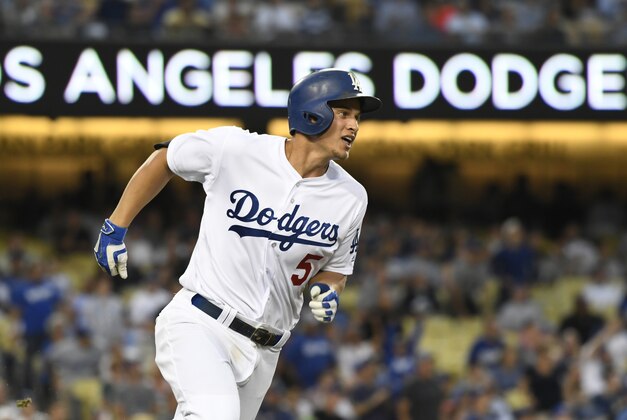 Aug 23, 2016; Los Angeles, CA, USA;  Los Angeles Dodgers shortstop Corey Seager (5) runs after hitting a double against the San Francisco Giants at Dodger Stadium. Mandatory Credit: Richard Mackson-USA TODAY Sports