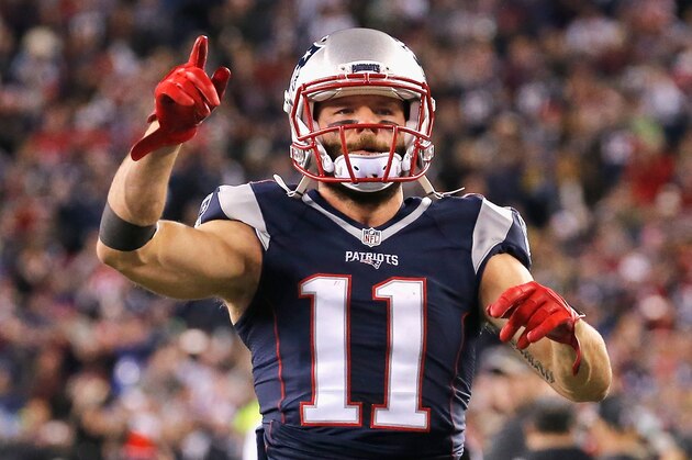 FOXBORO, MA - NOVEMBER 13:  Julian Edelman #11 of the New England Patriots reacts before a game against the Seattle Seahawks at Gillette Stadium on November 13, 2016 in Foxboro, Massachusetts.  (Photo by Jim Rogash/Getty Images)