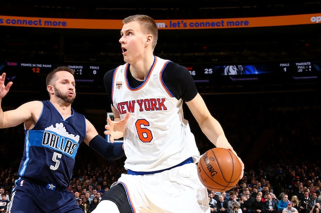 NEW YORK, NY - NOVEMBER 14:  Kristaps Porzingis #6 of the New York Knicks drives to the basket against J.J. Barea #5 of the Dallas Mavericks during the game on November 14, 2016 at Madison Square Garden in New York City, New York.  NOTE TO USER: User expressly acknowledges and agrees that, by downloading and or using this photograph, User is consenting to the terms and conditions of the Getty Images License Agreement. Mandatory Copyright Notice: Copyright 2016 NBAE  (Photo by Nathaniel S. Butler/NBAE via Getty Images)