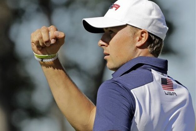 United States’ Jordan Spieth reacts after making a putt on the 12th hole during a singles match at the Ryder Cup golf tournament Sunday, Oct. 2, 2016, at Hazeltine National Golf Club in Chaska, Minn. (AP Photo/Charlie Riedel)