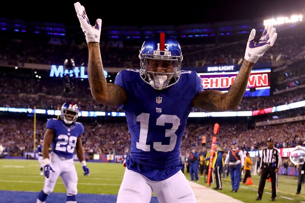 EAST RUTHERFORD, NJ - NOVEMBER 14:  Odell Beckham Jr. #13 of the New York Giants celebrates after scoring a touchdown against the Cincinnati Bengals during the second quarter of the game at MetLife Stadium on November 14, 2016 in East Rutherford, New Jersey.  (Photo by Al Bello/Getty Images)