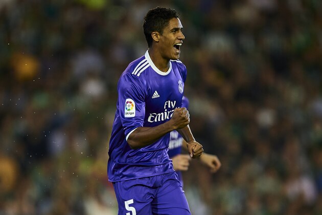 SEVILLE, SPAIN - OCTOBER 15:  Raphael Varane of Real Madrid CF celebrates after scoring during the match between Real Betis Balompie and Real Madrid CF as part of La Liga at Benito Villamrin stadium October 15, 2016 in Seville, Spain.  (Photo by Aitor Alcalde/Getty Images)