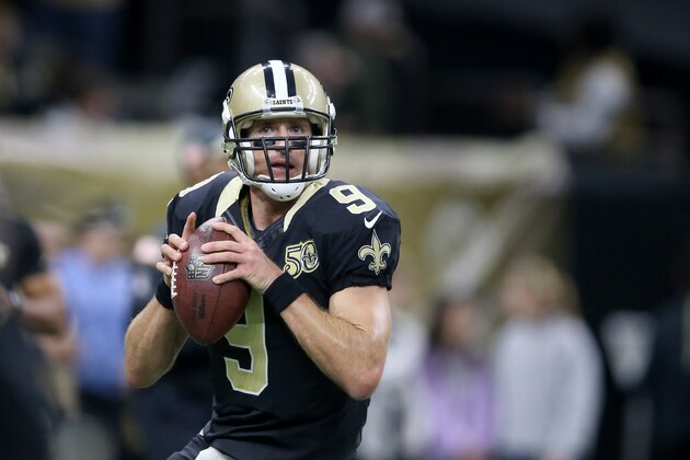 Nov 13, 2016; New Orleans, LA, USA; New Orleans Saints quarterback Drew Brees (9) warms up before the game against the Denver Broncos at the Mercedes-Benz Superdome. Mandatory Credit: Chuck Cook-USA TODAY Sports