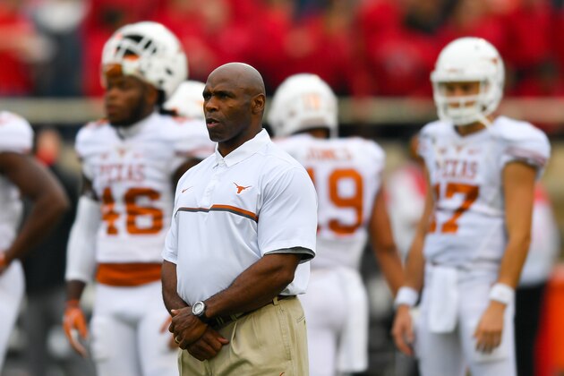 LUBBOCK, TX - NOVEMBER 05: Head coach Charlie Strong of the Texas Longhorns watches his team  warmup before the game against the Texas Tech Red Raiders on November 5, 2016 at AT&T Jones Stadium in Lubbock, Texas. Texas defeated Texas Tech 45-37. (Photo by John Weast/Getty Images)