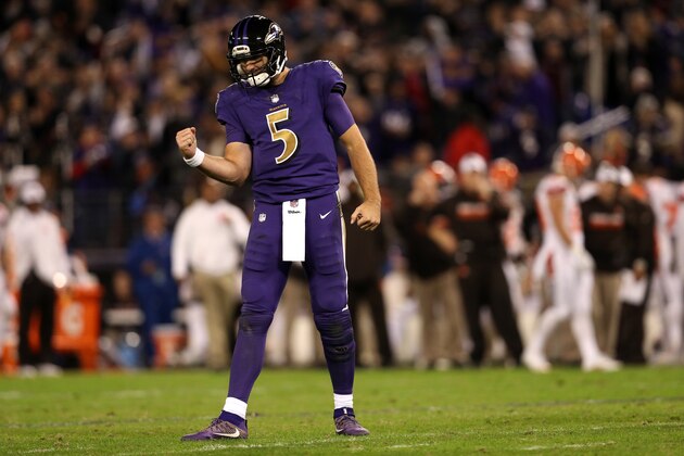 BALTIMORE, MD - NOVEMBER 10: Quarterback Joe Flacco #5 of the Baltimore Ravens celebrates after throwing a touchdown pass to wide receiver Chris Matthews #84 (not pictured) against the Cleveland Browns in the third quarter at M&T Bank Stadium on November 10, 2016 in Baltimore, Maryland. (Photo by Patrick Smith/Getty Images)