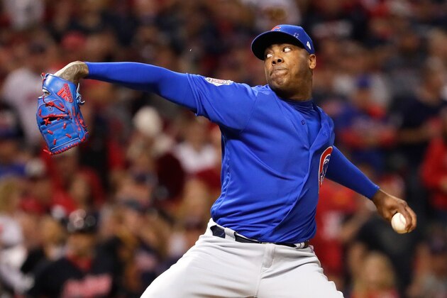 CLEVELAND, OH - NOVEMBER 01:  Aroldis Chapman #54 of the Chicago Cubs throws a pitch during the eighth inning against the Cleveland Indians in Game Six of the 2016 World Series at Progressive Field on November 1, 2016 in Cleveland, Ohio.  (Photo by Jamie Squire/Getty Images)