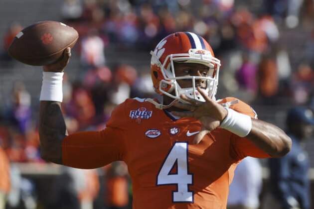 Clemson quarterback Deshaun Watson (4) warms up before an NCAA college football game against Pittsburgh on Saturday, Nov. 12, 2016, in Clemson, S.C. (AP Photo/Rainier Ehrhardt)