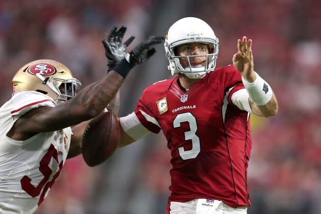 GLENDALE, AZ - NOVEMBER 13: Outside linebacker Eli Harold #58 of the San Francisco 49ers knocks the ball away from quarterback Carson Palmer #3 of the Arizona Cardinals during the third quarter of the NFL football game at University of Phoenix Stadium on November 13, 2016 in Glendale, Arizona. (Photo by Chris Coduto/Getty Images)