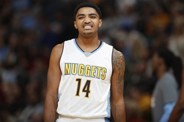 Denver Nuggets guard Gary Harris (14) in the second half of an NBA basketball game Thursday, Nov. 10, 2016, in Denver. The Warriors won 125-101. (AP Photo/David Zalubowski)