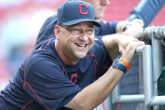 BOSTON, MA - AUGUST 19:  Terry Francona #17 of the Cleveland Indians reacts during batting practice before a game with the Boston Red Sox on August 19, 2015 in Boston, Massachusetts.  (Photo by Jim Rogash/Getty Images)