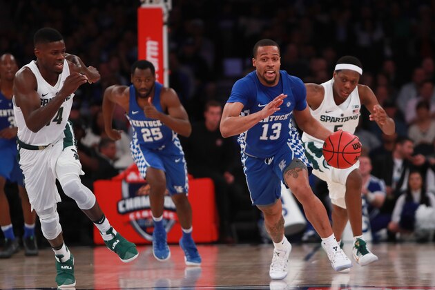 NEW YORK, NY - NOVEMBER 15:  Isaiah Briscoe #13 of the Kentucky Wildcats drives down court against the Michigan State Spartans in the first half during the State Farm Champions Classic at Madison Square Garden on November 15, 2016 in New York City.  (Photo by Michael Reaves/Getty Images)