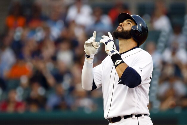 Aug 30, 2016; Detroit, MI, USA; Detroit Tigers right fielder J.D. Martinez (28) celebrates after he hits a double in the second inning against the Chicago White Sox at Comerica Park. Mandatory Credit: Rick Osentoski-USA TODAY Sports