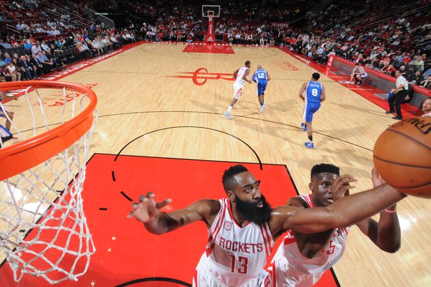 HOUSTON, TX - NOVEMBER 14: James Harden #13 of the Houston Rockets grabs the rebound against the Philadelphia 76ers on November 14, 2016 at the Toyota Center in Houston, Texas. NOTE TO USER: User expressly acknowledges and agrees that, by downloading and or using this photograph, User is consenting to the terms and conditions of the Getty Images License Agreement. Mandatory Copyright Notice: Copyright 2016 NBAE (Photo by Bill Baptist/NBAE via Getty Images)