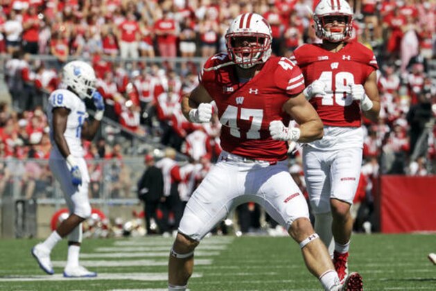 FILE - In this Sept. 17, 2016, file photo, Wisconsin's Vince Biegel (47) celebrates after breaking up a third down play during the first half of an NCAA college football game against Georgia State, in Madison, Wis. The tested Badgers are facing their fifth Top 10 opponent this season when they host No. 7 Nebraska on Saturday. (AP Photo/Morry Gash, File)