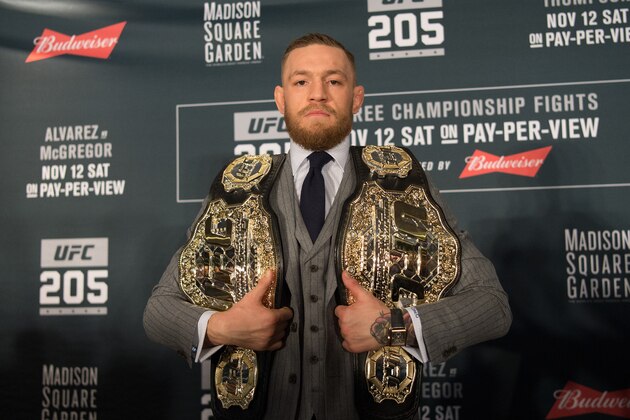 NEW YORK, NY - NOVEMBER 12:  UFC featherweight and lightweight champion Conor McGregor of Ireland poses for a picture during the UFC 205 post fight press conference at Madison Square Garden on November 12, 2016 in New York City. (Photo by Brandon Magnus/Zuffa LLC/Zuffa LLC via Getty Images)