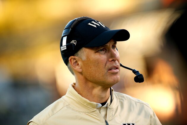 WINSTON-SALEM, NC - NOVEMBER 5:  Head football coach Dave Clawson of the Wake Forest Demon Deacons looks on from the sidelines during the fourth quarter of an NCAA football game aVirginia Cavaliers on November 5, 2016 at BB&T Field in Winston-Salem, North Carolina. (Photo by Brian Blanco/Getty Images)