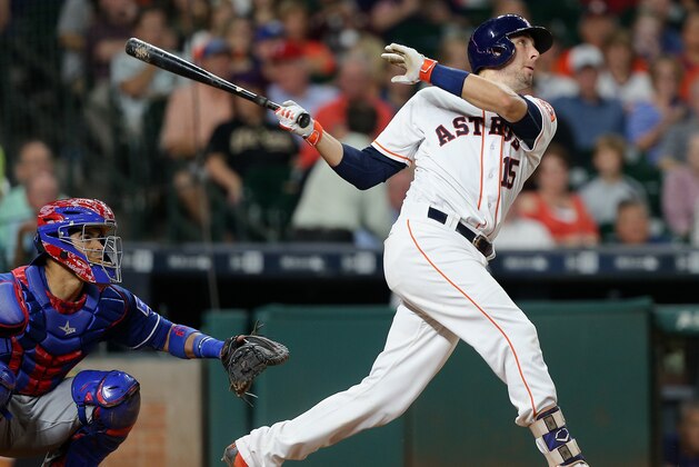 HOUSTON, TX - SEPTEMBER 13:  Jason Castro #15 of the Houston Astros hits a home run in the sixth inning against the Texas Rangers at Minute Maid Park on September 13, 2016 in Houston, Texas.  (Photo by Bob Levey/Getty Images)