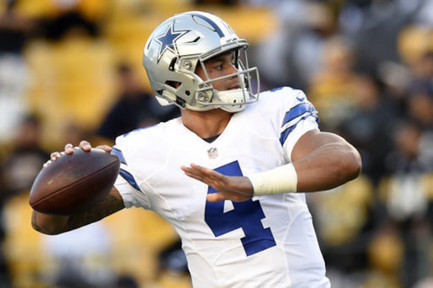 Dallas Cowboys quarterback Dak Prescott (4) warm ups before an NFL football game against the Pittsburgh Steelers in Pittsburgh, Sunday, Nov. 13, 2016. (AP Photo/Don Wright)