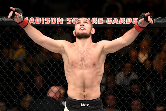 NEW YORK, NY - NOVEMBER 12:  Khabib Nurmagomedov of Russia celebrates his KO victory over Michael Johnson of the United States (not pictured) in their lightweight bout during the UFC 205 event at Madison Square Garden on November 12, 2016 in New York City.  (Photo by Jeff Bottari/Zuffa LLC/Zuffa LLC via Getty Images)