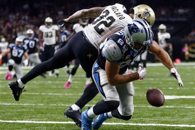 New Orleans Saints strong safety Kenny Vaccaro (32) breaks up a pass in the end zone intended for Carolina Panthers tight end Greg Olsen (88) in the second half of an NFL football game in New Orleans, Sunday, Oct. 16, 2016. Vaquero was called for pass interference which set up a Carolina touchdown. (AP Photo/Butch Dill)