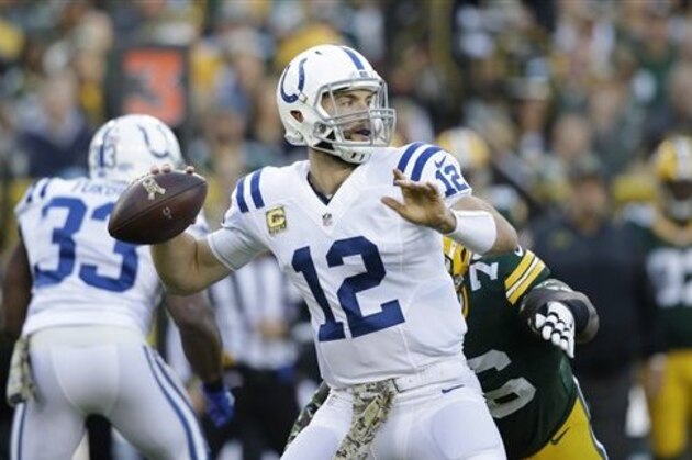 Indianapolis Colts' Andrew Luck throws during the first half of an NFL football game against the Green Bay Packers Sunday, Nov. 6, 2016, in Green Bay, Wis. (AP Photo/Jeffrey Phelps)