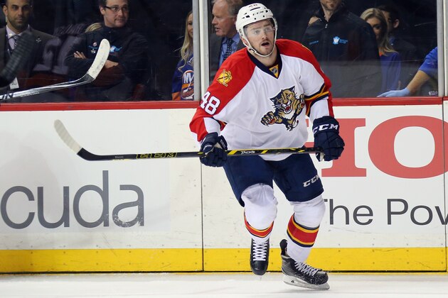 NEW YORK, NY - APRIL 20:  Logan Shaw #48 of the Florida Panthers skates against the New York Islanders in Game Four of the Eastern Conference First Round during the 2016 NHL Stanley Cup Playoffs at the Barclays Center on April 20, 2016 in the Brooklyn borough of New York City. The Panthers defeated the Islanders 2-1.  (Photo by Bruce Bennett/Getty Images)