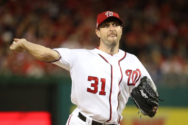 WASHINGTON, DC - OCTOBER 13: Max Scherzer #31 of the Washington Nationals works against the Los Angeles Dodgers in the fifth inning during game five of the National League Division Series at Nationals Park on October 13, 2016 in Washington, DC. (Photo by Rob Carr/Getty Images)