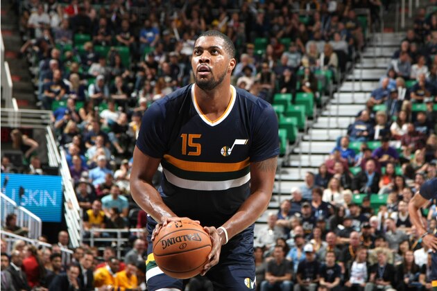 SALT LAKE CITY, UT - OCTOBER 28:  Derrick Favors #15 of the Utah Jazz shoots a free throw against the Los Angeles Lakers on October 28, 2016 at vivint.SmartHome Arena in Salt Lake City, Utah. NOTE TO USER: User expressly acknowledges and agrees that, by downloading and or using this Photograph, User is consenting to the terms and conditions of the Getty Images License Agreement. Mandatory Copyright Notice: Copyright 2016 NBAE (Photo by Melissa Majchrzak/NBAE via Getty Images)