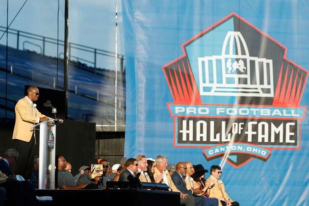 CANTON, OH - AUGUST 06:  Marvin Harrison, former NFL wide receiver, speaks during his Pro Football Hall of Fame induction speech during the NFL Hall of Fame Enshrinement Ceremony at the Tom Benson Hall of Fame Stadium on August 6, 2016 in Canton, Ohio.  (Photo by Joe Robbins/Getty Images)