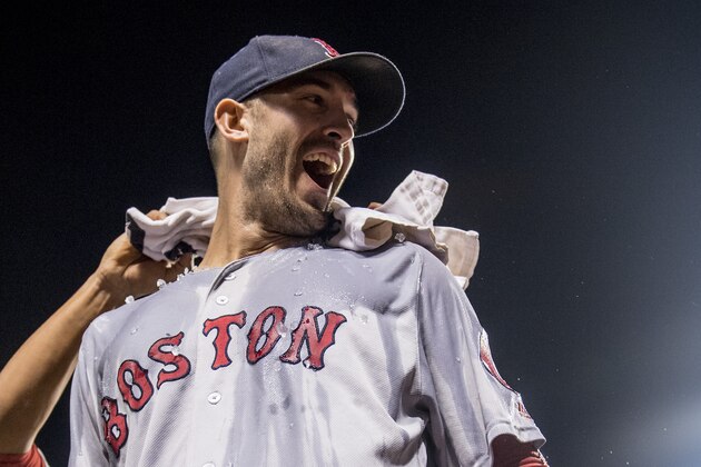 BALTIMORE, MD - SEPTEMBER 19: Rick Porcello #22 of the Boston Red Sox reacts after being given an ice bath after pitching a complete game against the Baltimore Orioles on September 19, 2016 at Oriole Park at Camden Yards in Baltimore, Maryland. (Photo by Billie Weiss/Boston Red Sox/Getty Images)