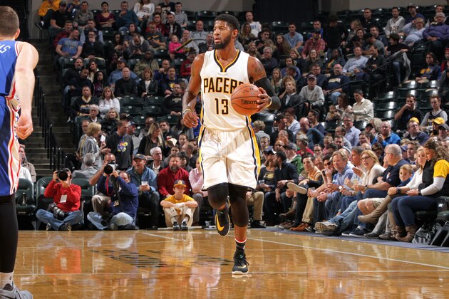 INDIANAPOLIS, IN - NOVEMBER 9: Paul George #13 of the Indiana Pacers handles the ball during the game against the Philadelphia 76ers on November 9, 2016 at Bankers Life Fieldhouse in Indianapolis, Indiana. NOTE TO USER: User expressly acknowledges and agrees that, by downloading and or using this Photograph, user is consenting to the terms and conditions of the Getty Images License Agreement. Mandatory Copyright Notice: Copyright 2016 NBAE (Photo by Ron Hoskins/NBAE via Getty Images)