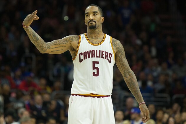 Nov 5, 2016; Philadelphia, PA, USA; Cleveland Cavaliers guard J.R. Smith (5) reacts to a three point score against the Philadelphia 76ers during the second half at Wells Fargo Center. The Cleveland Cavaliers won 102-101. Mandatory Credit: Bill Streicher-USA TODAY Sports