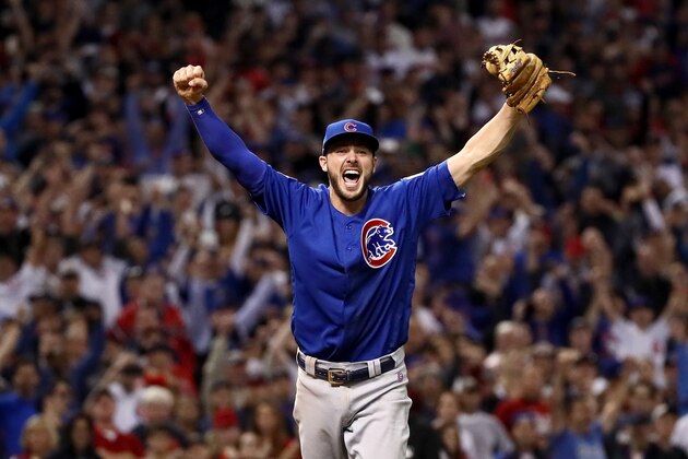 CLEVELAND, OH - NOVEMBER 02:  Kris Bryant #17 of the Chicago Cubs celebrates after winning 8-7 in Game Seven of the 2016 World Series at Progressive Field on November 2, 2016 in Cleveland, Ohio.  (Photo by Ezra Shaw/Getty Images)