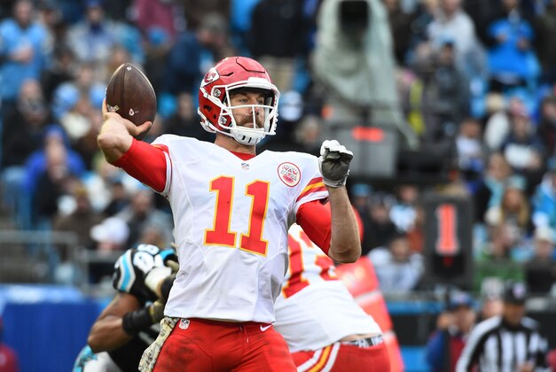 Nov 13, 2016; Charlotte, NC, USA; Kansas City Chiefs quarterback Alex Smith (11) passes the ball in the third quarter. The Chiefs defeated the Panthers 20-17 at Bank of America Stadium. Mandatory Credit: Bob Donnan-USA TODAY Sports