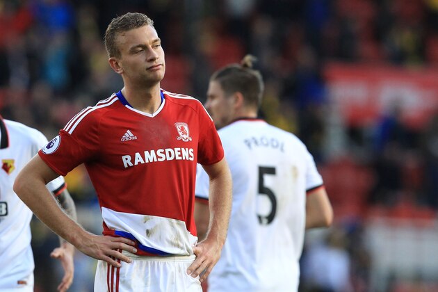 Middlesbrough's English defender Ben Gibson reacts to their defeat at the final whistle in the English Premier League football match between Middlesbrough and Watford at Riverside Stadium in Middlesbrough, north east England on October 16, 2016.
Watford won the game 1-0. / AFP / Lindsey PARNABY / RESTRICTED TO EDITORIAL USE. No use with unauthorized audio, video, data, fixture lists, club/league logos or 'live' services. Online in-match use limited to 75 images, no video emulation. No use in betting, games or single club/league/player publications.  /         (Photo credit should read LINDSEY PARNABY/AFP/Getty Images)
