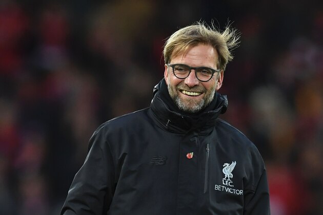 Liverpool's German manager Jurgen Klopp reacts following the English Premier League football match between Liverpool and Watford at Anfield in Liverpool, north west England on November 6, 2016.
Liverpool won the match 6-1. / AFP / PAUL ELLIS / RESTRICTED TO EDITORIAL USE. No use with unauthorized audio, video, data, fixture lists, club/league logos or 'live' services. Online in-match use limited to 75 images, no video emulation. No use in betting, games or single club/league/player publications.  /         (Photo credit should read PAUL ELLIS/AFP/Getty Images)