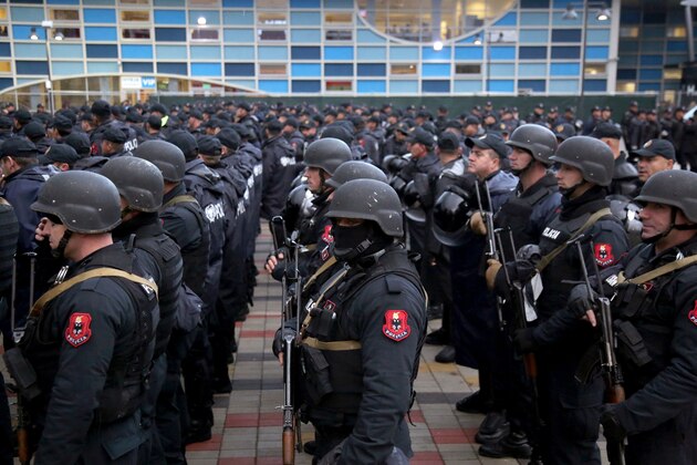 Albanian special policemen take part in a security briefing at the Elbasan Arena stadium before the 2018 World Cup group G qualifying football match between Albania and Israel, in Elbasan on November 12, 2016.
Israel said on November 8, 2016 that the Islamic State group had been planning attacks 'in the Balkans' and specifically warned its citizens not to attend an upcoming Israel-Albania football match. Albanian football officials said that the country's 2018 World Cup qualifier with Israel this weekend would be moved for 'security reasons', following reports of a planned attack.
 / AFP / GENT SHKULLAKU        (Photo credit should read GENT SHKULLAKU/AFP/Getty Images)