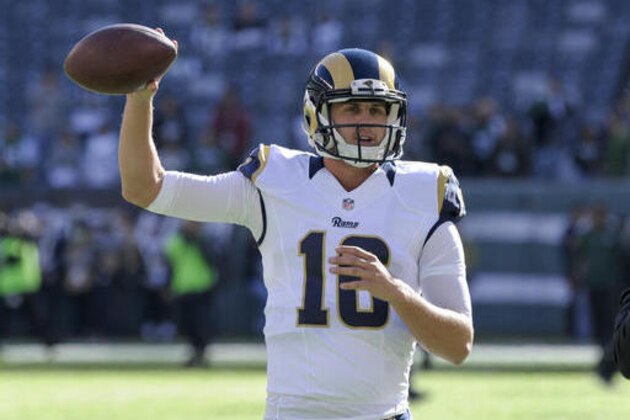 Los Angeles Rams quarterback Jared Goff (16) warms up before an NFL football game against the New York Jets, Sunday, Nov. 13, 2016, in East Rutherford, N.J. (AP Photo/Bill Kostroun)